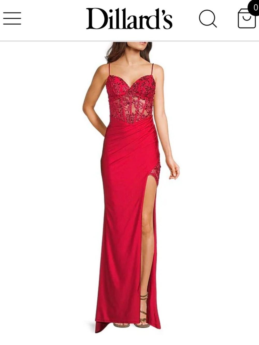 B Darlin Red Lace Bodice High-Slit Prom Gown